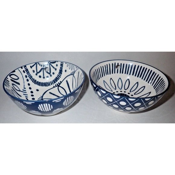 Prima Design Ramen Bowls Blue White Set of 2  Geometric‎ Prints Trendy - Picture 1 of 5